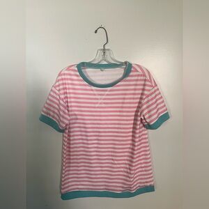 Striped Short Sleeve Tee with Contrast Trim - Pink/Teal